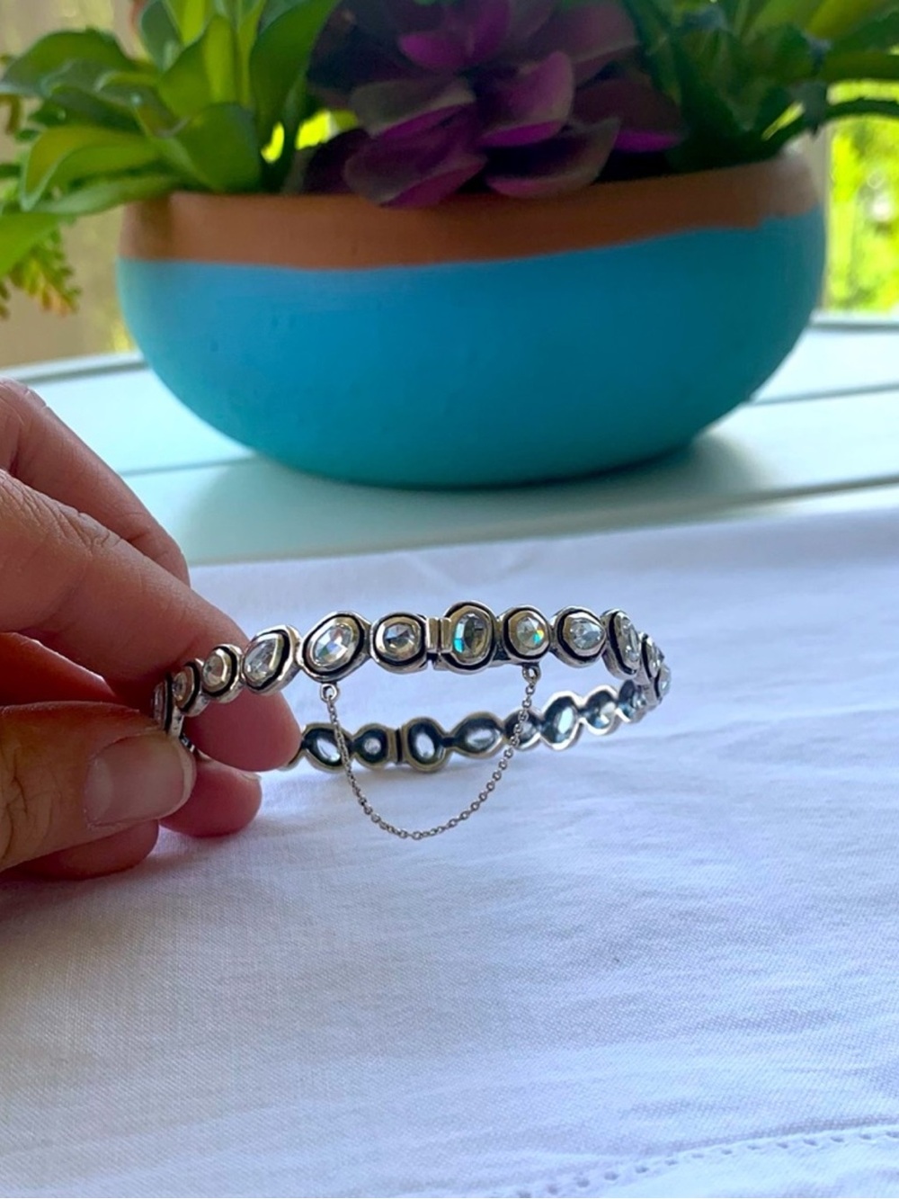 Rare Silpada CZ Artisan Sterling Silver .925 Bangle Bracelet w/ Safety Chain